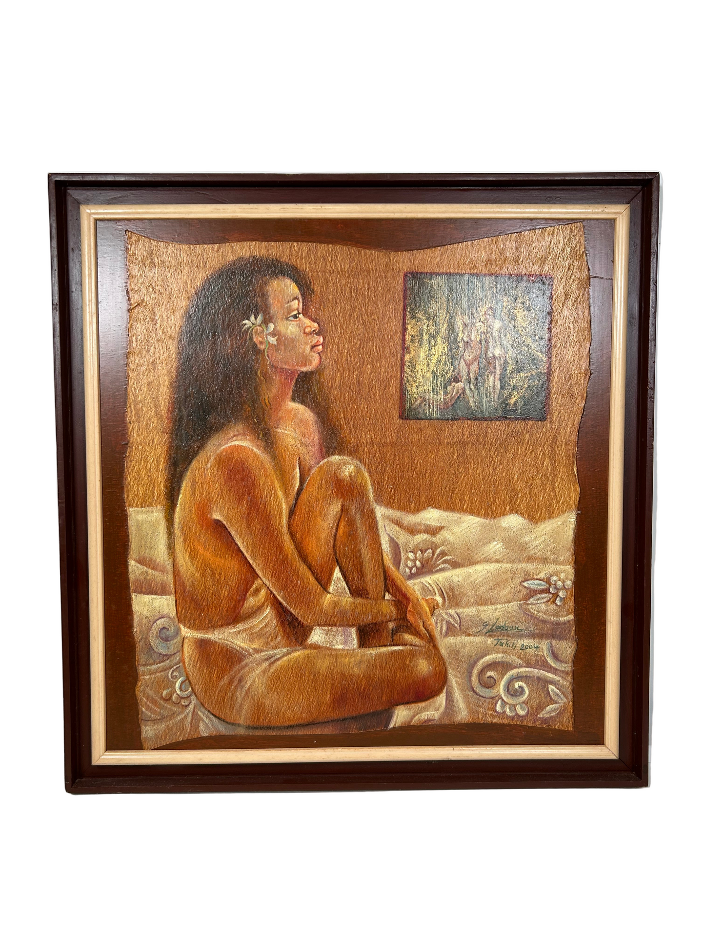 Tableau / peinture huile ou acrylique sur fibres végétales tahiti 2004 Gisèle Ledoux