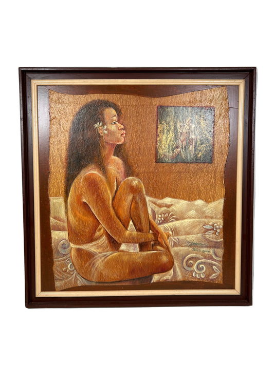 Tableau / peinture huile ou acrylique sur fibres végétales tahiti 2004 Gisèle Ledoux