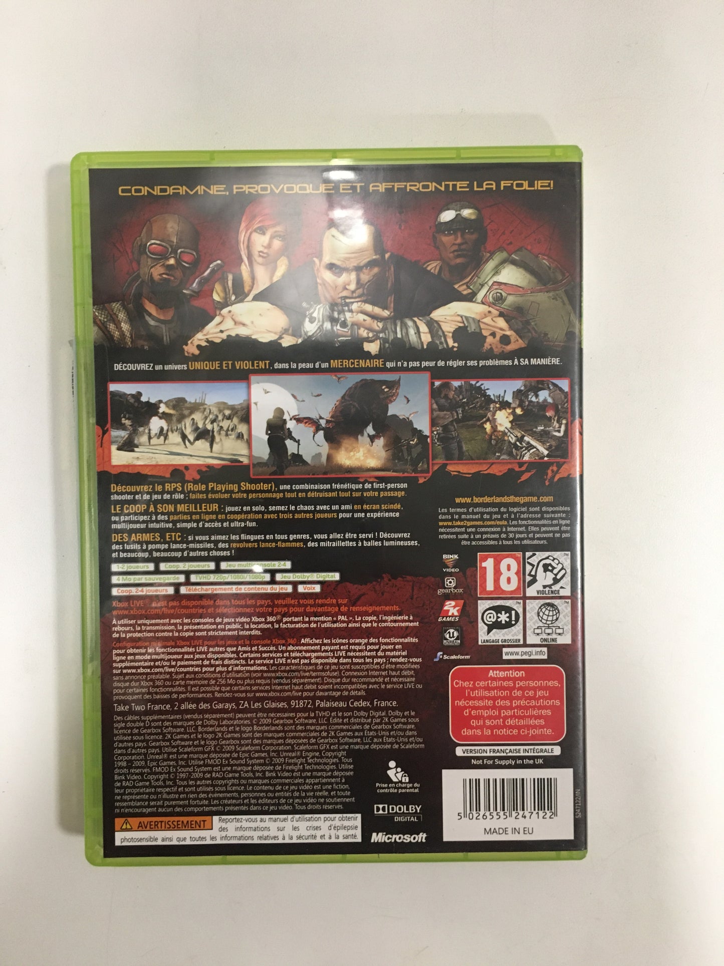 Borderlands Xbox 360 PAL complet avec couverture cartonnée