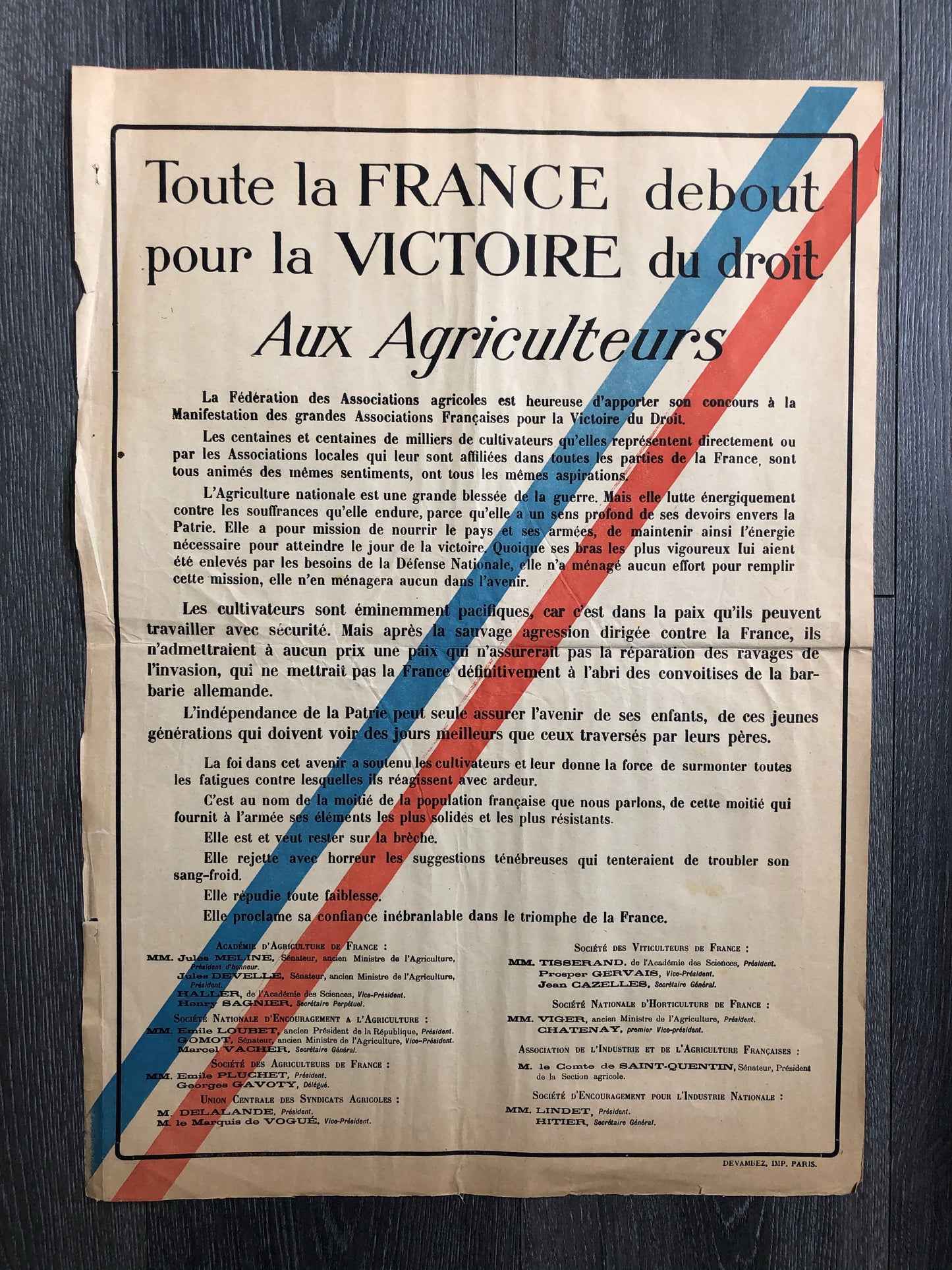 Affiche TOUTE LA FRANCE DEBOUT POUR LA VICTOIRE DU DROIT AUX AGRICULTEURS 1918