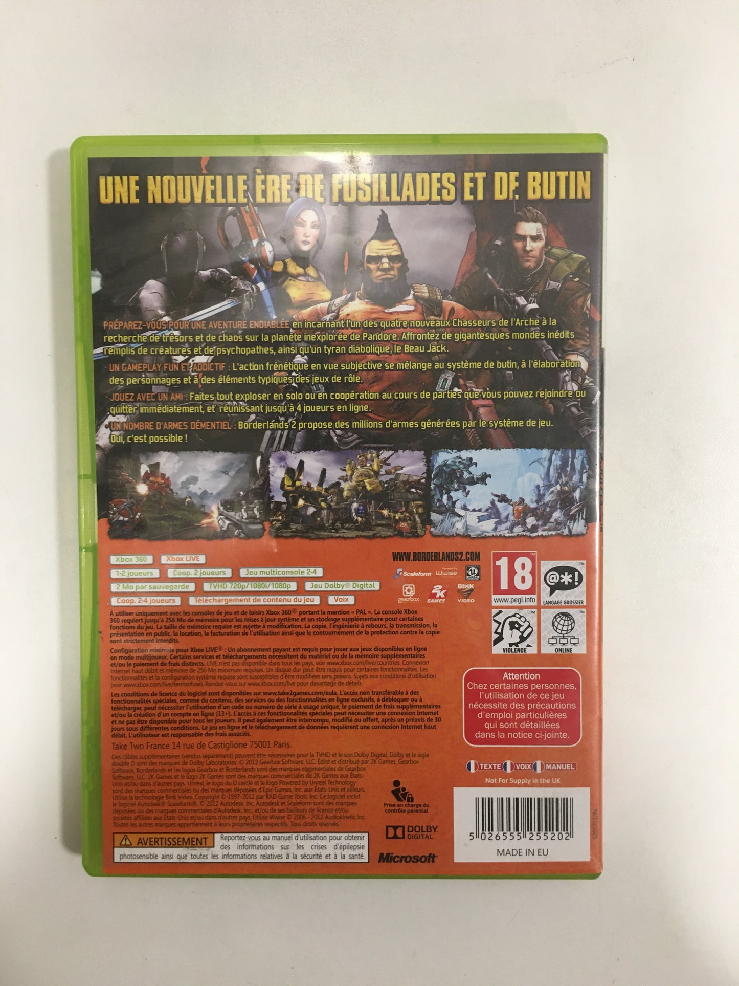 Borderlands 2 Xbox 360 PAL avec notice et couverture cartonnée